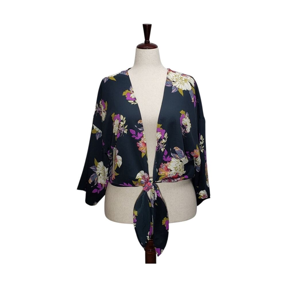 Forever 21 Womens M Teal Navy Floral Tie Front Cropped Kimono Top Bell Sleeve